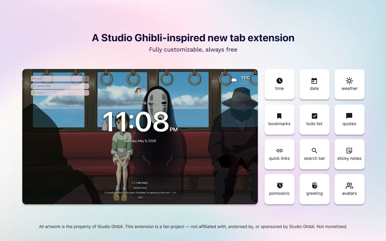 Ghiblify new tab page, a Studio Ghibli-inspired Chrome extension