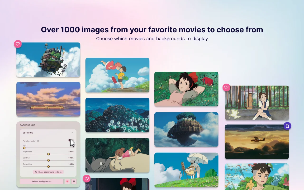Over 1000 Ghibli film stills to choose from as rotating backgrounds