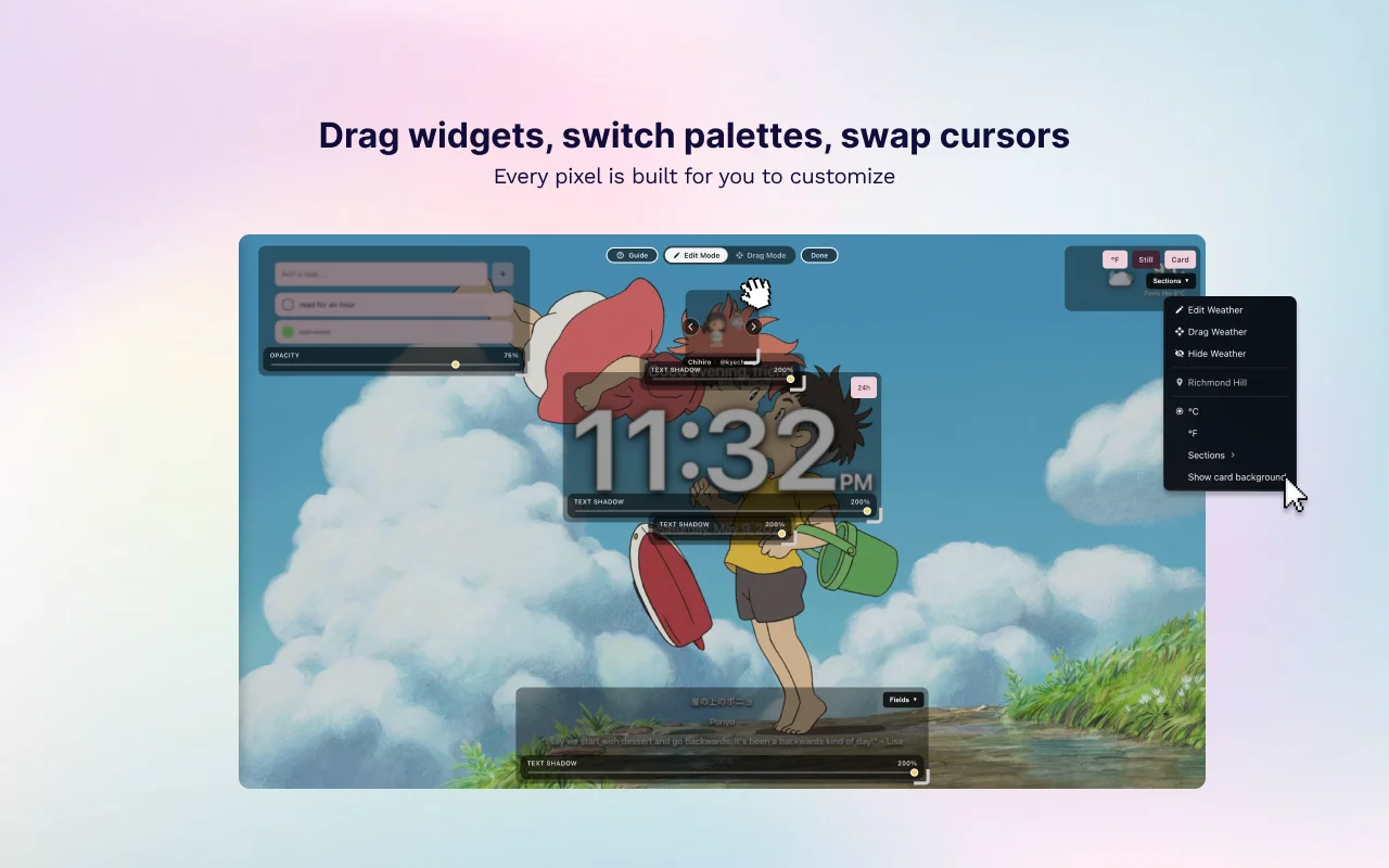 Drag widgets, switch palettes, and swap cursors