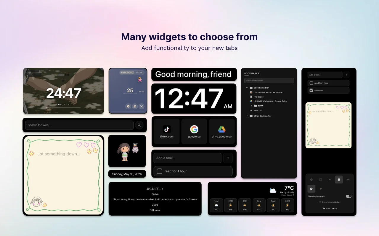 Many widgets to choose from to customize your new tab